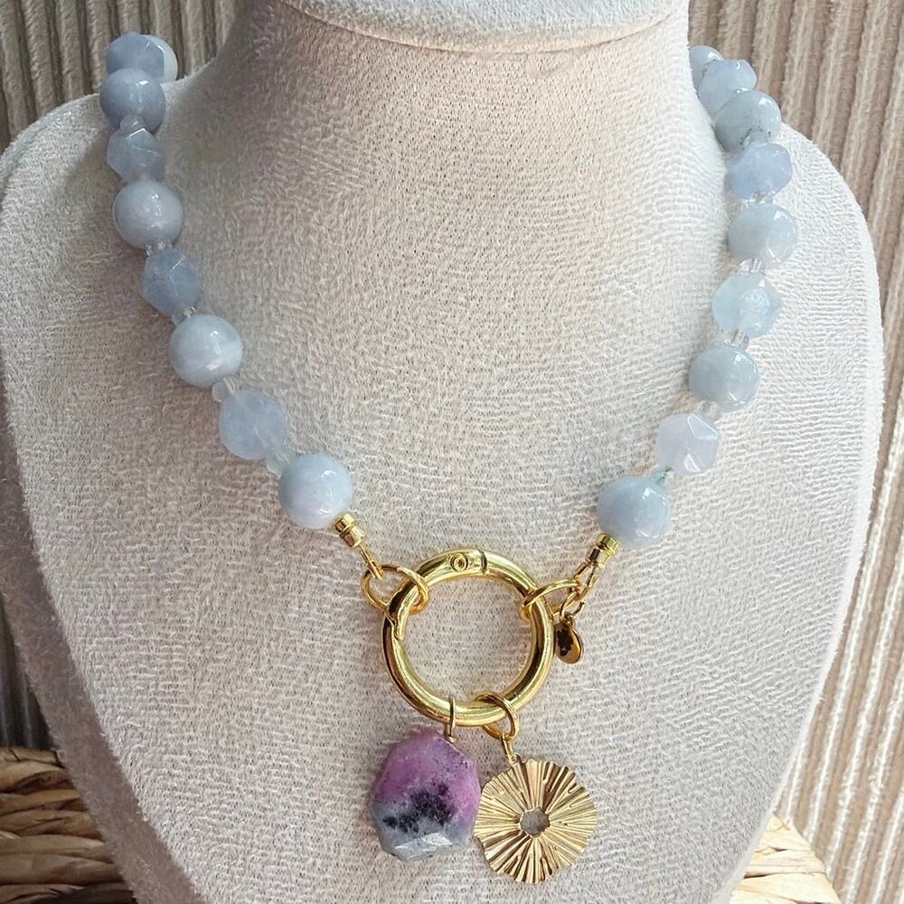 19.5" Beaded Gemstone Necklace, Dyed Blue Jade & Periwinkle Chalcedony, Charms